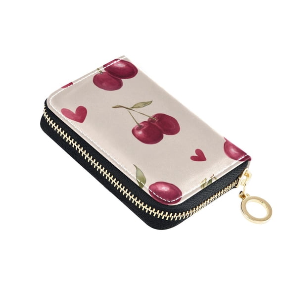 Fresh Cherries with Hearts Valentine Women's Credit Card Holder PU Leather Zipper Wallet RFID Blocking