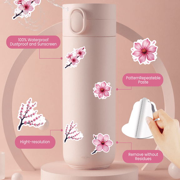 Fresh Cherry Blossom Stickers, Waterproof Cherry Blossom Sticker for Water Bottle Laptop Phone Cases Planner Skateboard Luggage Helmet Party Favor Decor, Ideal for Adults Teens Teacher Rewards