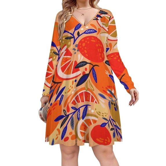 Fresh Citrus Orange Long Sleeve Dresses For Women Vintage Elegant Party Dress Oversized V-neck Dress S-8XL