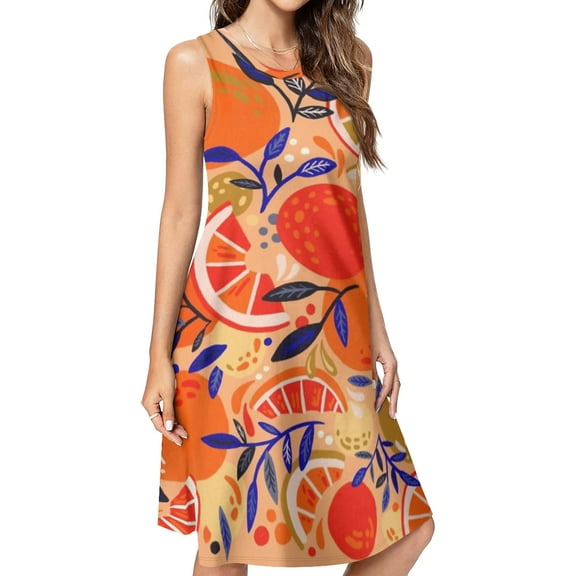 Fresh Citrus Orange Spring Summer Dresses for Women Fashion T-shirt Dress Casual Sleeveless Loose Sundress with Pockets