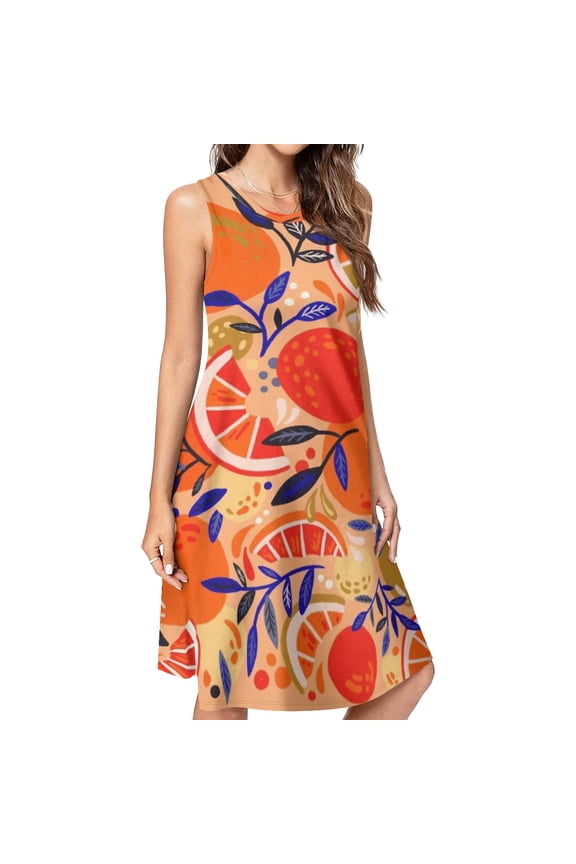 Fresh Citrus Orange Spring Summer Dresses for Women Fashion T-shirt Dress Casual Sleeveless Loose Sundress with Pockets