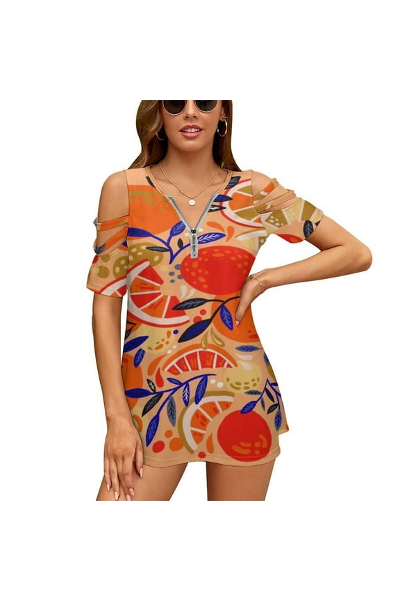 Fresh Citrus Orange Womens Summer V Neck Zipper Top Short Sleeve T Shirt Off Shoulder Top Casual Classy Loose Shirts