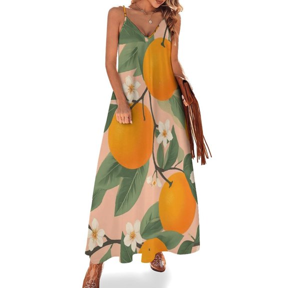 Fresh Citrus Sleeveless Suspender Dress Summer Fashion Casual Long Dress