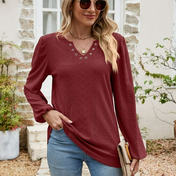 Fresh Clean Threads Women Casual Tops for Women Womens Tops Boho Tops for Women Tunic Tops for Women Loose Fit Dressy Long Sleeve Tshirts Shirts for WomenWomen's Fashionable V-Neck ButtRedM