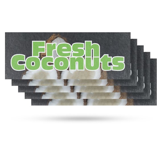 Fresh Coconuts Vinyl Decal 5 Pack of 12 Inch x 5 Inch Weatherproof Heavy-Duty Adhesive Backing | Tropical Fruits, Refreshing Drinks, Farmer’s Markets | Made in USA