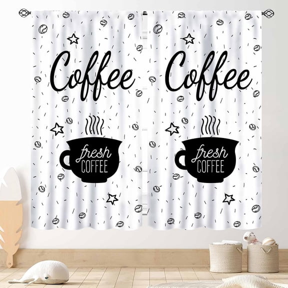 Fresh Coffee Print Curtains Black And White Coffee Cup And Bean Pattern Window Drapes for Kitchen Living Room Bedroom Home Decoration