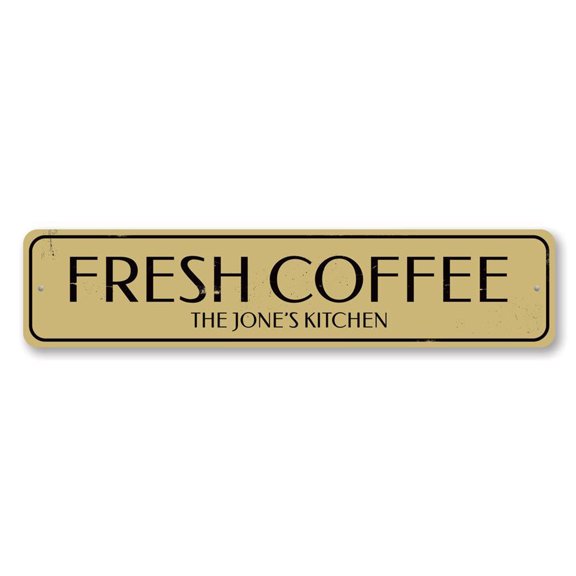 Fresh Coffee Sign, Family Name Kitchen Sign, Custom Coffee Lover Sign, Coffee Bar Aluminum Decor - 4x18 inches