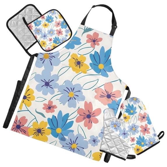 Fresh Colorful Flowers Apron Set with Oven Mitts Pot Holders Set of 5 Kitchen Stuff Accessories