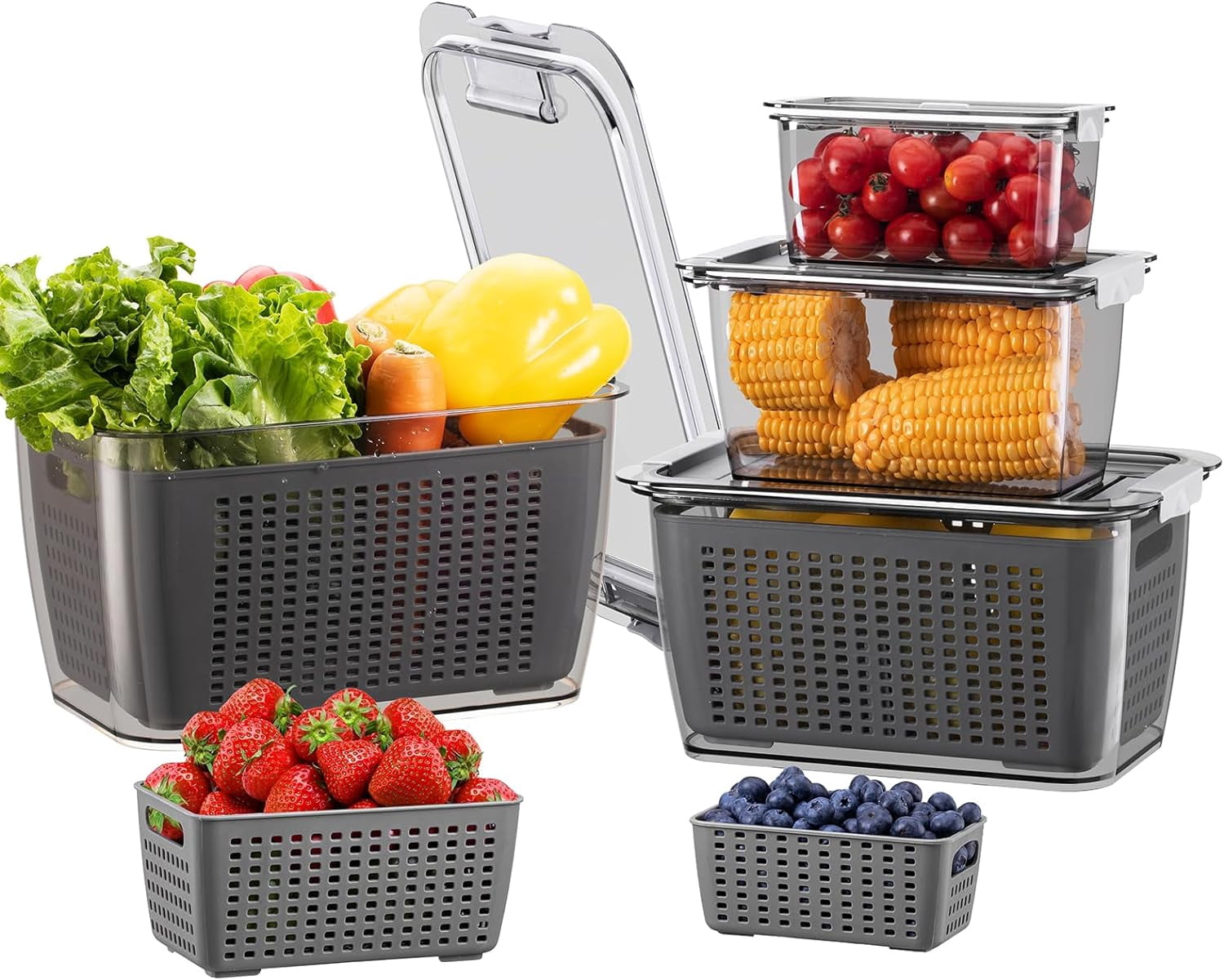 Fresh Container, 3PACK Produce Saver Container BPA Free Fridge Organizer for Vegetable Fruit and Salad Partitioned Food Storage Container with Vents Stay Fresh Containers Not Dishwashers Safe