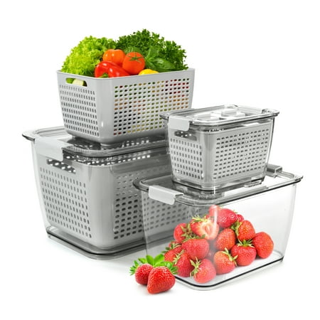 Fresh Container with Vents,3 Pack - Produce Saver Container Vegetable Fruit Partitioned Storage Container Stay Fresh Organizer for Refrigerator, Gray