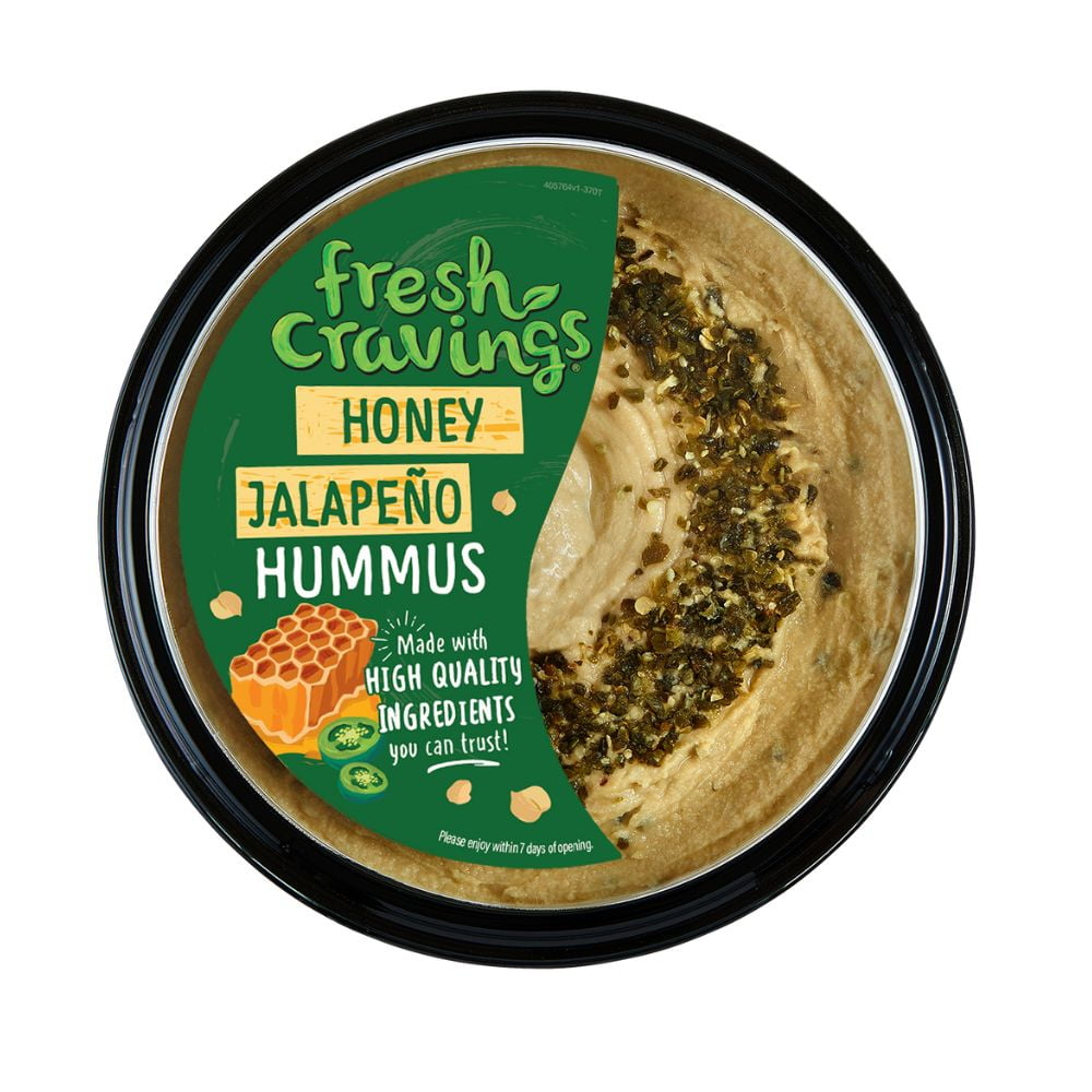 Fresh Cravings Honey Jalapeno Hummus, 17 oz. Plastic Tub, Gluten-Free, Dairy-Free, 2 Tbsp (32g), Contains Sesame