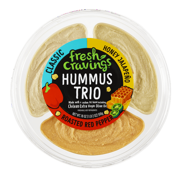 Fresh Cravings Hummus Trio Dip, Fresh, 18 oz. Plastic Tub, Gluten-Free, 2 Tbsp (32g)