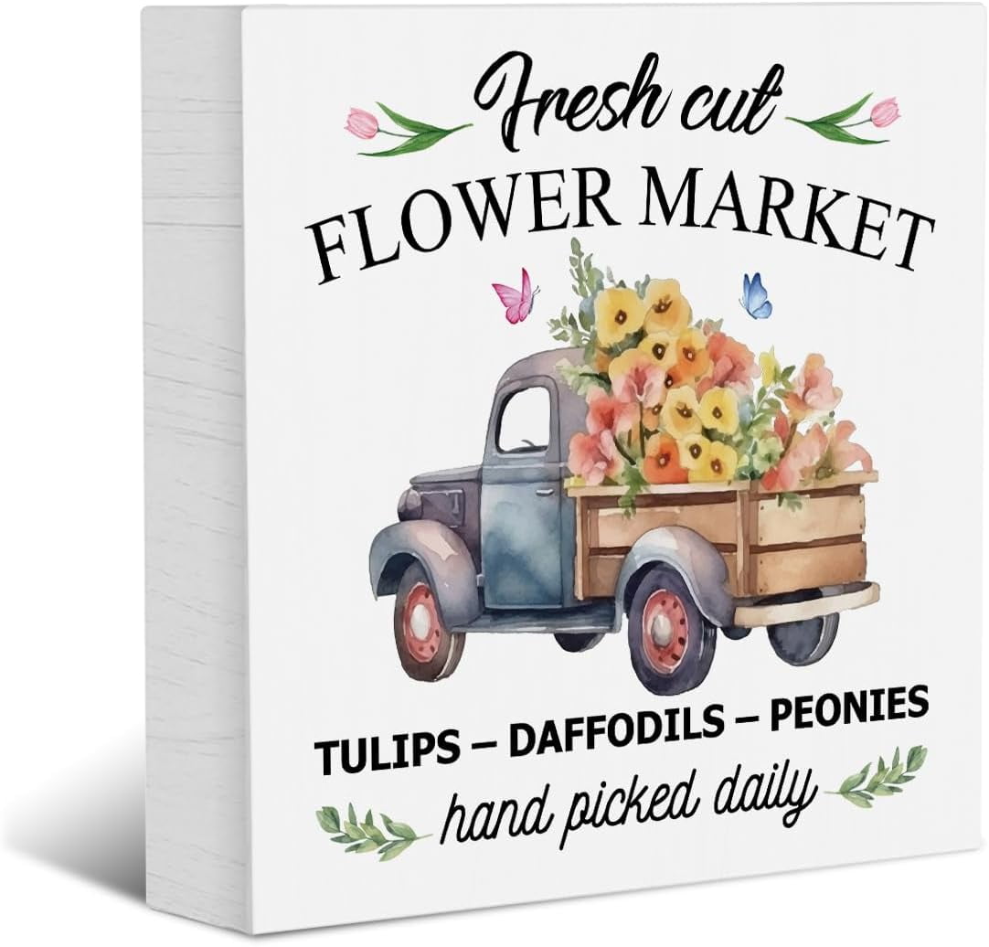 Fresh Cut Flower Market Wood Box Sign, Floral Truck Wood Box Sign Block