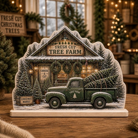 Fresh Cut Tree Farm Wooden Block for Christmas Tabletop Decor