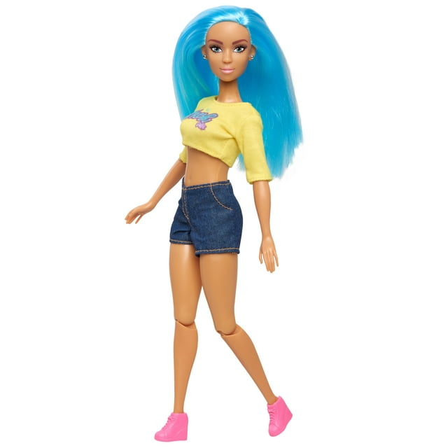 Fresh Dolls Skylar Fashion Doll, 11.5-inches tall, yellow shirt and jean shorts, blue hair,  Kids Toys for Ages 3 Up, Gifts and Presents