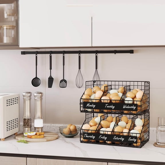 Fresh Egg Holder with 5 Dividers, 2 Tier Stackable Wire Baskets, Egg Rack for Countertop/Wall-Mounted, With DIY Labels