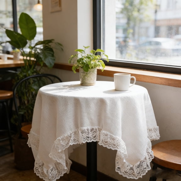 Fresh and Elegant Lace Trimmed Round Dining Tablecloth, Home Kitchen Table Cover, Stylish Solid Color Table Mat, 110x116cm Polyester Fabric with Delicate Lace Border, White