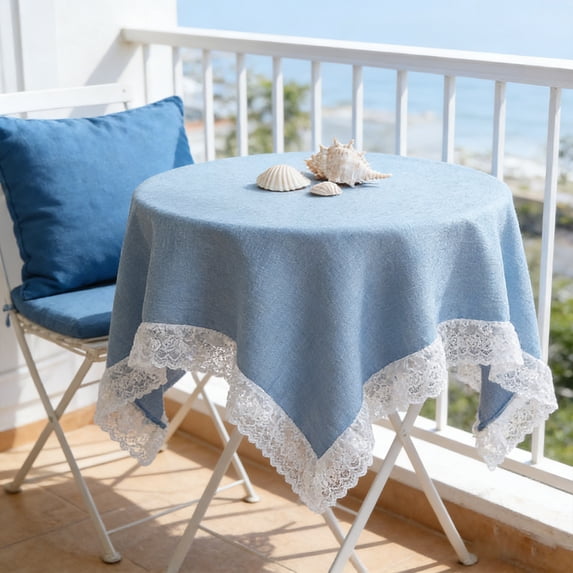 Fresh And Elegant Lace Trimmed Round Tablecloth Polyester Solid Color Linen Look With Delicate Lace Edge 39 Inch Dining Table Cover For Kitchen Home Party Tea Time