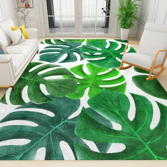 Fresh Emerald Green Palm Leaf Area Rug, Simple Creative Printed Pattern Indoor Non-Slip Rugs, For Room Sofa Living Room Mat Bedroom Home Decor Floor Mats 4x5ft