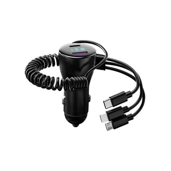 Fresh Fab Finds  125W 5-in-1 Fast Charge Car Charger QC PD USB Type C LT 5 Port Car Cigarette Lighter with 4 ft. Coiled Cable Voltage Monitor Fit for IOS Phone iPad Samsung, Black