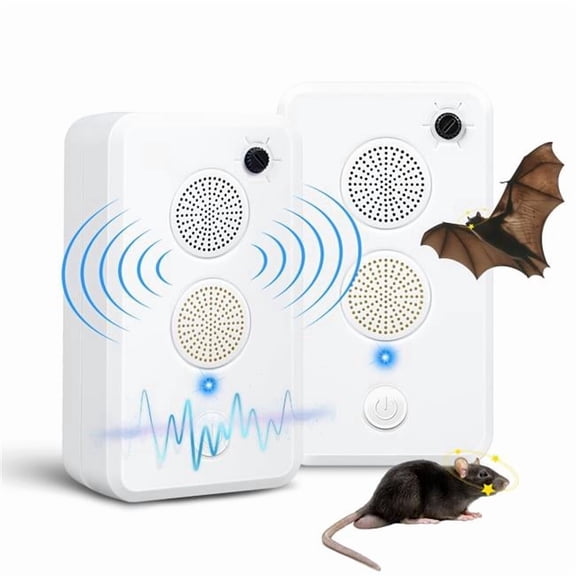 Fresh Fab Finds FFF-2Pcs-GPCT5498 Rechargeable Ultrasonic Bat Repellent Indoor Outdoor Bird Mouse Deterrent Device with 6 Adjustable Levels, White - Pack of 2