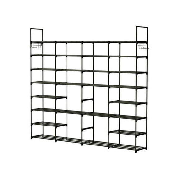 Fresh Fab Finds FFF-4-9-GPCT3947 8-Tier 4-Row Shoe Rack with Metal Storage Shelf Free Standing Large Shoe Stand, Tower Unit Tall & Organizer with 2 Hooks for Entryway, Black - 56 Pair - Unisex