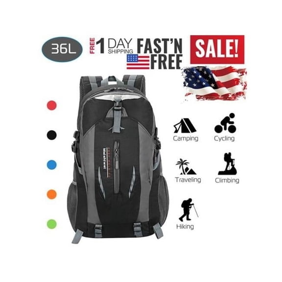 Fresh Fab Finds FFF-Black-GPCT1377 36 Liter Outdoor Backpack with Waterproof Daypack Travel Knapsack, Black - Unisex