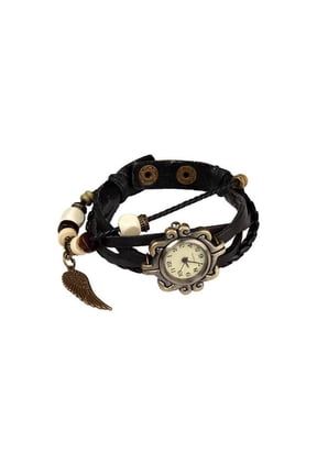 FFF-Black-GPCT409 Beautiful Bohemian Style Retro Handmade Leather Angel Wing Womens Watches, Black