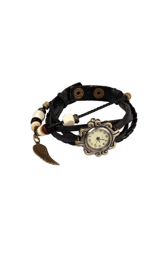FFF-Black-GPCT409 Beautiful Bohemian Style Retro Handmade Leather Angel Wing Womens Watches, Black