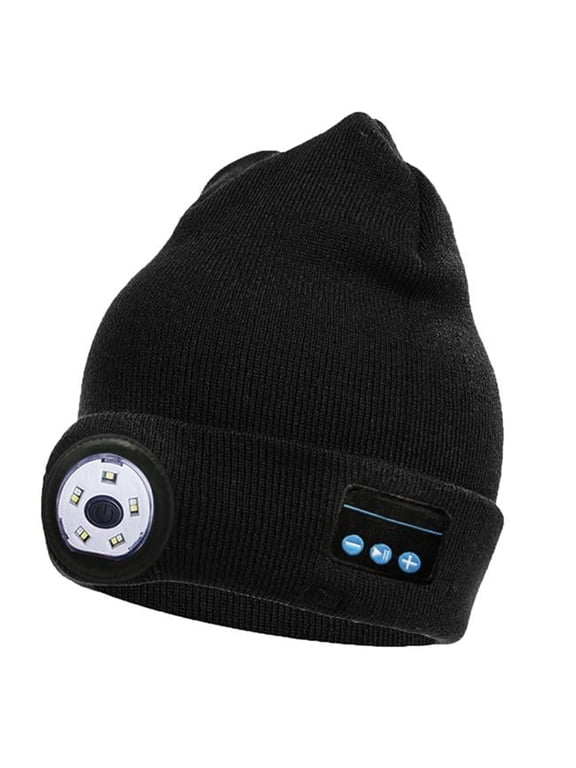 FFF-Black-GPCT4414 Light Winter Knitted Hat with 3 Lighting Modes Wireless 5.0 Beanie Hat for Music Lovers, Black