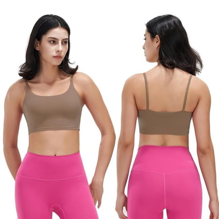 Fresh Fab Finds FFF-Brown-S-GPCT4930 Womens Strap Sports Bra, Square Neck, Removable Pads, Low Impact - Brown - Small