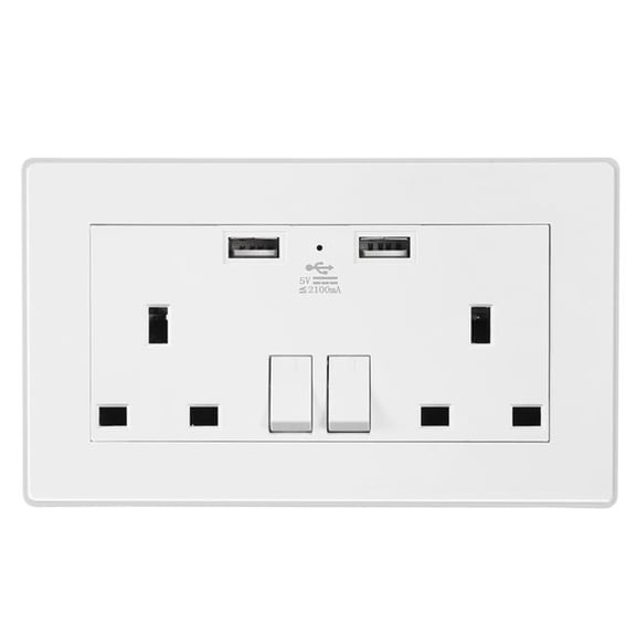 Fresh Fab Finds FFF-GPCT1722 UK Wall Outlet Dual Wall Plug Socket Duplex 2.1A USB Wall Charger with Plug Switch Light Indicator - White