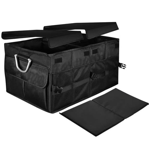 Fresh Fab Finds FFF-GPCT2187 Car Trunk Organizer Collapsible Multi-Compartments Storage Cargo Box & Cover Nonslip Bottom, Black