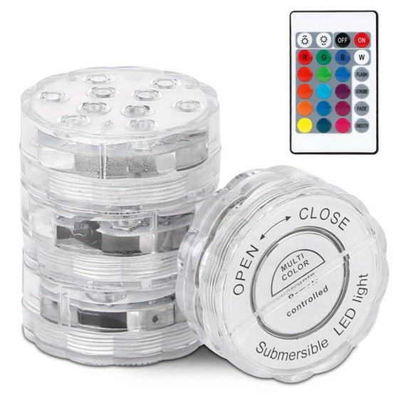 Fresh Fab Finds FFF-GPCT2436 4Pcs Submersible RGB LED Lights IP68 Waterproof Color Changing Lamps Remote Control Battery Operated Floral Light