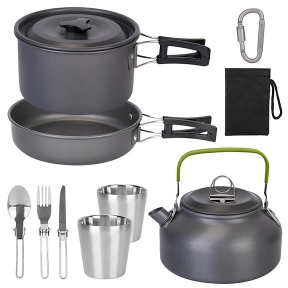 Fresh Fab Finds FFF-GPCT3391 Stove Aluminum Pot Pans Kit for Hiking Picnic Outdoor Camping Cookware Set with Cup, Fork Spoon & Knife, Black - 12 Piece