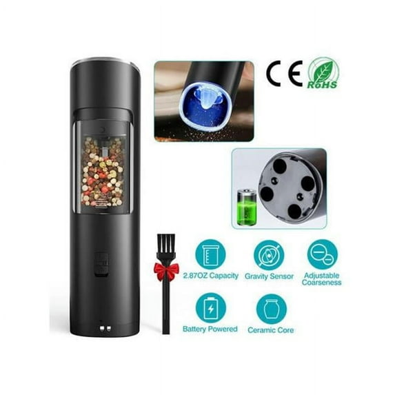 Fresh Fab Finds FFF-GPCT4194 Electric Salt & Pepper Grinder Automatic Gravity Sensor Battery Powered Salt Mill LED Indicator Adjustable Coarseness One Hand Easy Operation, Black - Unisex