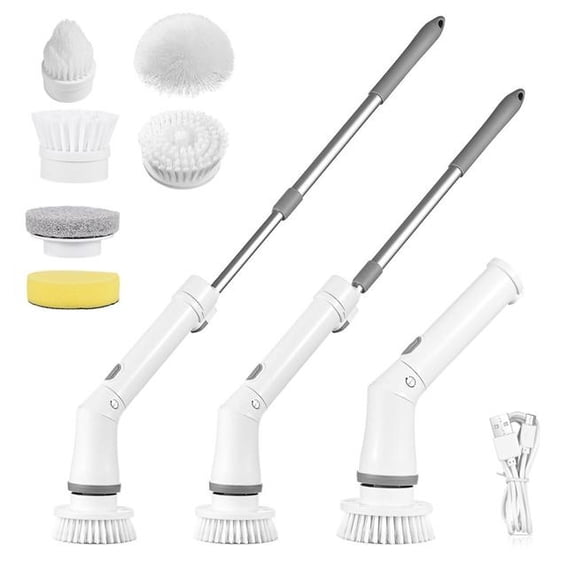 Fresh Fab Finds FFF-GPCT4284 Electric Spin Scrubber Cordless Rechargeable Telescopic Cleaning Brush, 6 Replaceable Heads 2 Speed Adjustable Extension Arm Bathroom Tub Tile Floor - White - One Size