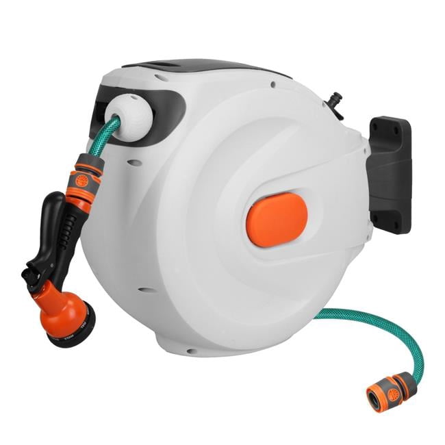 Fresh Fab Finds FFF-GPCT4924 Retractable Garden Hose, Reel Wall Mounted Automatic Water Hose Reel with Any Length Lock 8 Pattern Spraying Modes 180 Deg Swivel Bracket - Gray - One Size