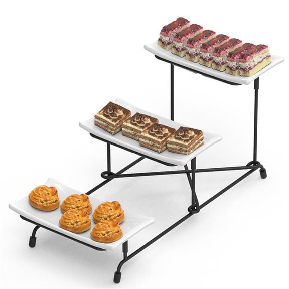 Fresh Fab Finds FFF-GPCT5022 3-Tier Plastic Serving Tray, Dessert Server Display Serving Stand Dinnerware with 3 Rectangular Plastic Serving Platters Metal Stand for Entertaining - Black - One Size