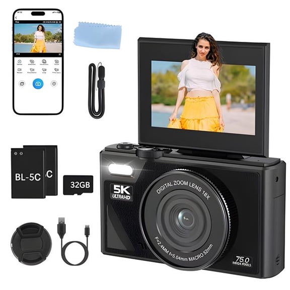 Fresh Fab Finds FFF-GPCT5546 5K 75MP Digital Camera for Photography Anti-Shake Wi-Fi Vlogging Video Camera with 9 Shooting Modes 18X Zoom Fill Light - Black