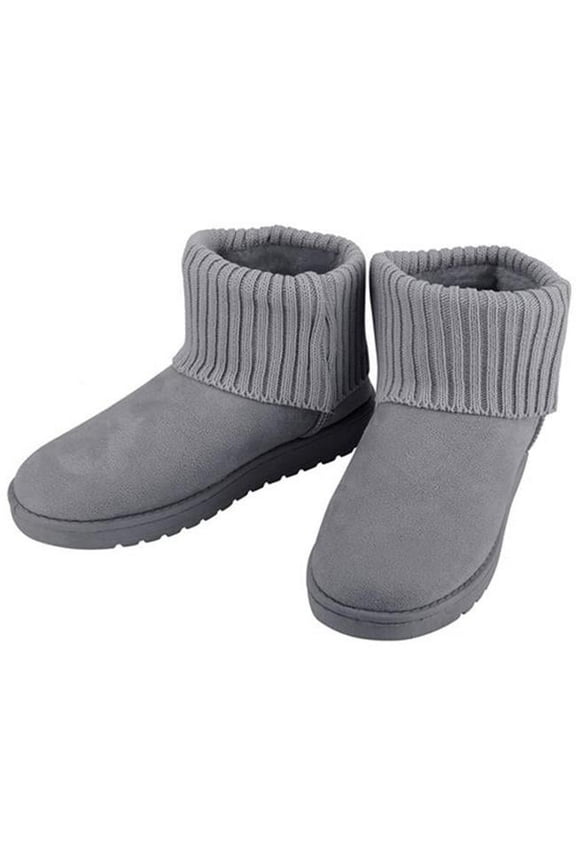 FFF-Grey-6-GPCT2620 Women Suede Mid-Calf Short Plush Warm Lining Shoes with Anti-Slip Rubber Base Knitting Design Snow Boots, Gray - Size 6