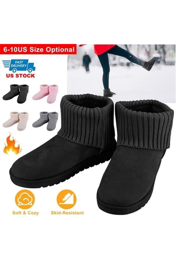 FFF-Grey-9-GPCT2620 Women Suede Mid-Calf Short Plush Warm Lining Shoes with Anti-Slip Rubber Base Knitting Design Snow Boots, Gray - Size 9