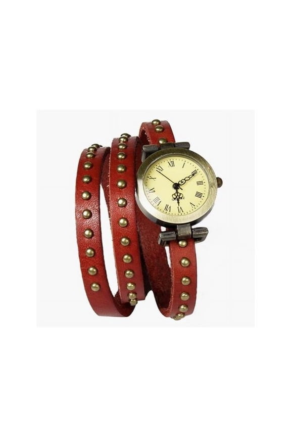 FFF-OrangeRed-GPCT426 Fashionable Rivet Leather Belt Retro Watch Hand Chain, Orange & Red