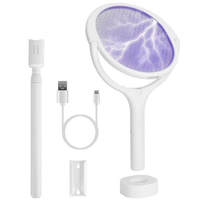 Fresh Fab Finds FFF-White-GPCT4999 3 in 1 Electric Bug Zapper Racket, 90 Deg Rotating Bug Zapper Wand Indoor Outdoor Handheld Mosquito Swatter with Telescopic Extension Wand - White - One Size