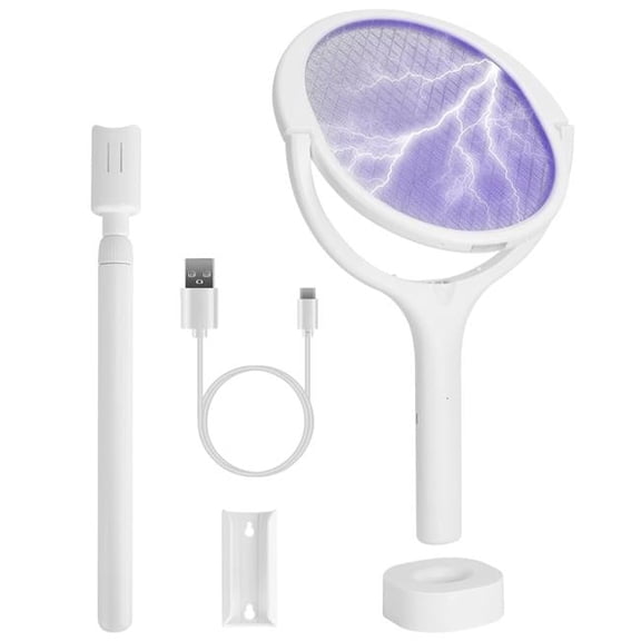 Fresh Fab Finds FFF-White-GPCT4999 3 in 1 Electric Bug Zapper Racket, 90 Deg Rotating Bug Zapper Wand Indoor Outdoor Handheld Mosquito Swatter with Telescopic Extension Wand - White - One Size