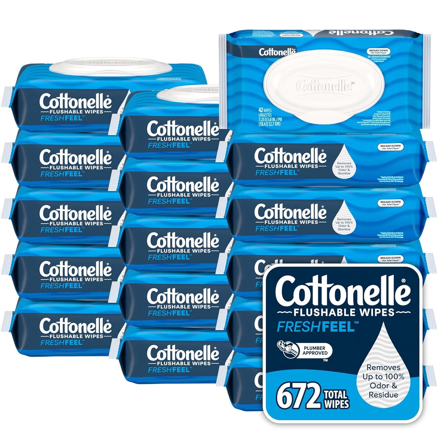 Fresh Feel Flushable Wet Wipes, Adult Wet Wipes, 16 Flip-Top Packs, 42 Wipes Per Pack (672 Total Wipes), Packaging May Vary