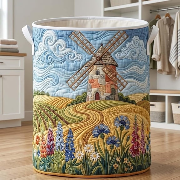 Fresh Fields Quilted Laundry Basket: Windmill Meadow Quilt Hamper, Peaceful Countryside Design Storage Bin
