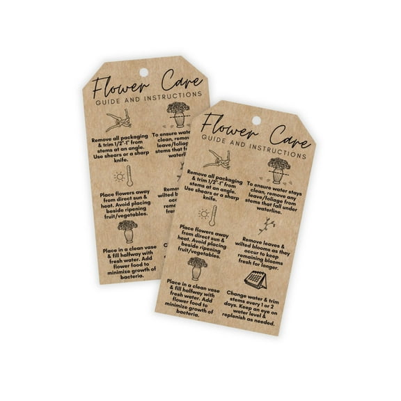 Fresh Flower Care Instructions Hangtags Cards 30 pk 2x3.5 Kraft Look Kit Food Recipe Granule Plant Care Florist Enclosed Note Tag Business Guide