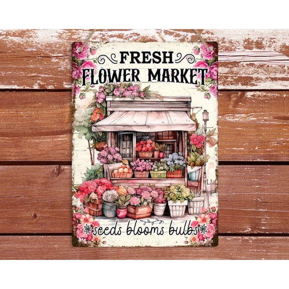 Fresh Flower Market Metal Tin Sign, Vintage Floral Wall Plaque, Spring Living Room Decor, Farmhouse Rustic Wall Art Decoration, Florist Gift