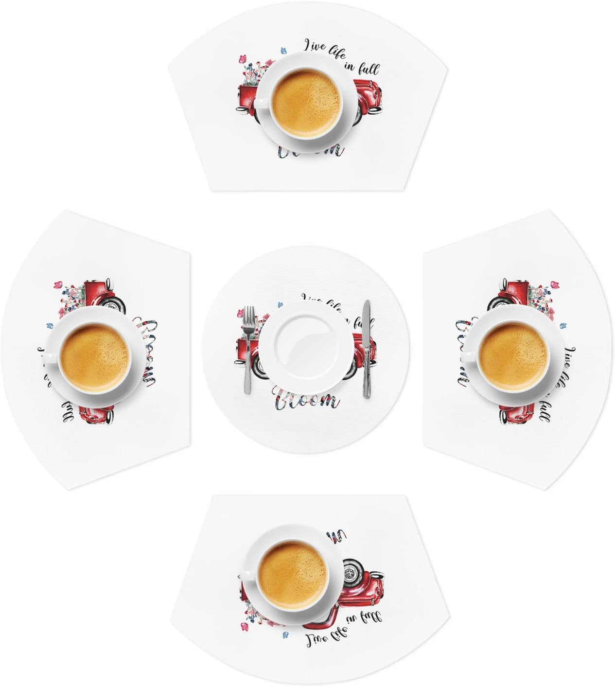 Fresh Flower Red Truck PVC Placemats for Round Table , Washable Wedge